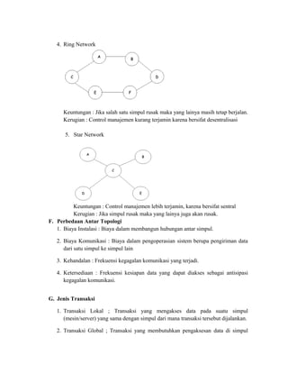4. Ring Network
Keuntungan : Jika salah satu simpul rusak maka yang lainya masih tetap berjalan.
Kerugian : Control manajemen kurang terjamin karena bersifat desentralisasi
5. Star Network
Keuntungan : Control manajemen lebih terjamin, karena bersifat sentral
Kerugian : Jika simpul rusak maka yang lainya juga akan rusak.
F. Perbedaan Antar Topologi
1. Biaya Instalasi : Biaya dalam membangun hubungan antar simpul.
2. Biaya Komunikasi : Biaya dalam pengoperasian sistem berupa pengiriman data
dari satu simpul ke simpul lain
3. Kehandalan : Frekuensi kegagalan komunikasi yang terjadi.
4. Ketersediaan : Frekuensi kesiapan data yang dapat diakses sebagai antisipasi
kegagalan komunikasi.
G. Jenis Transaksi
1. Transaksi Lokal ; Transaksi yang mengakses data pada suatu simpul
(mesin/server) yang sama dengan simpul dari mana transaksi tersebut dijalankan.
2. Transaksi Global ; Transaksi yang membutuhkan pengaksesan data di simpul
 