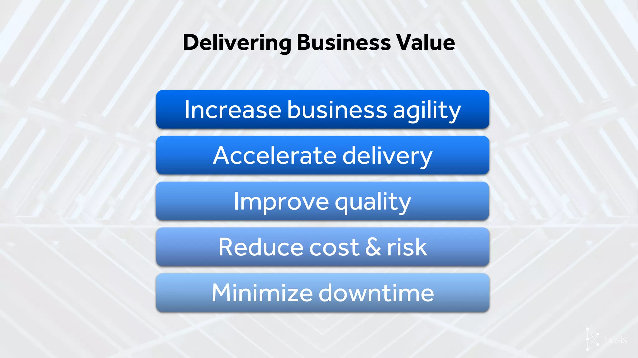 Delivering Business Value
Increase business agility
Accelerate delivery
Improve quality
Reduce cost & risk
Minimize downtime
 