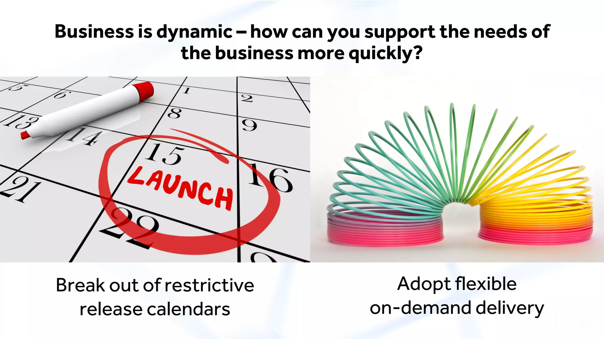 Business is dynamic – how can you support the needs of
the business more quickly?
Break out of restrictive
release calendars
Adopt flexible
on-demand delivery
 