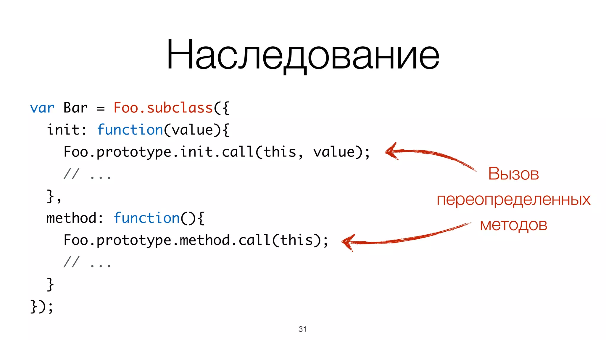 Наследование
var Bar = Foo.subclass({	
init: function(value){	
Foo.prototype.init.call(this, value);	
// ...	
},	
method: function(){	
Foo.prototype.method.call(this);	
// ...	
}	
});
32
 