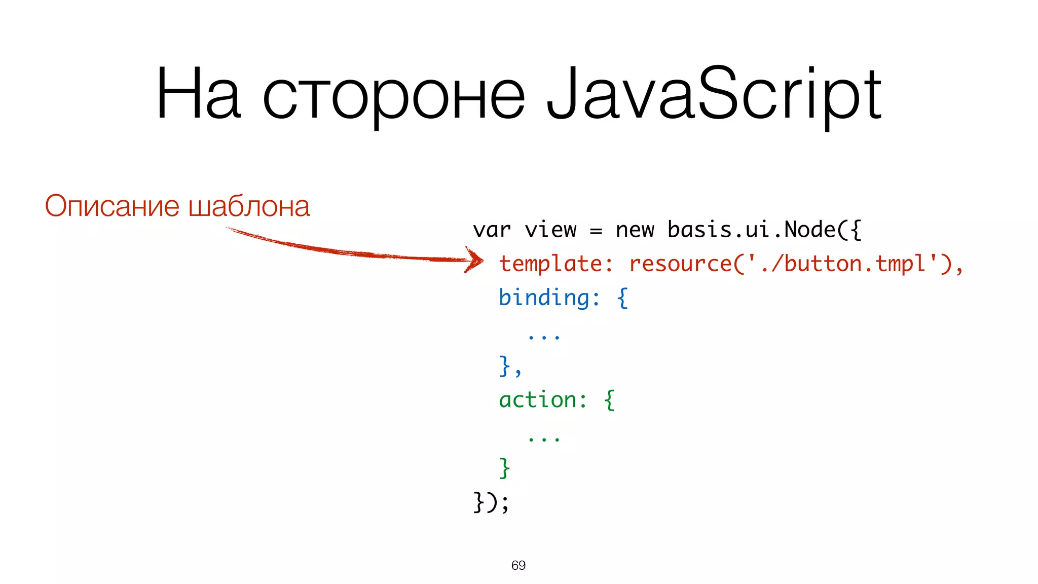 На стороне JavaScript
70
var view = new basis.ui.Node({	
template: resource('./button.tmpl'),	
binding: {	
...	
},	
action: {	
...	
}	
});
 