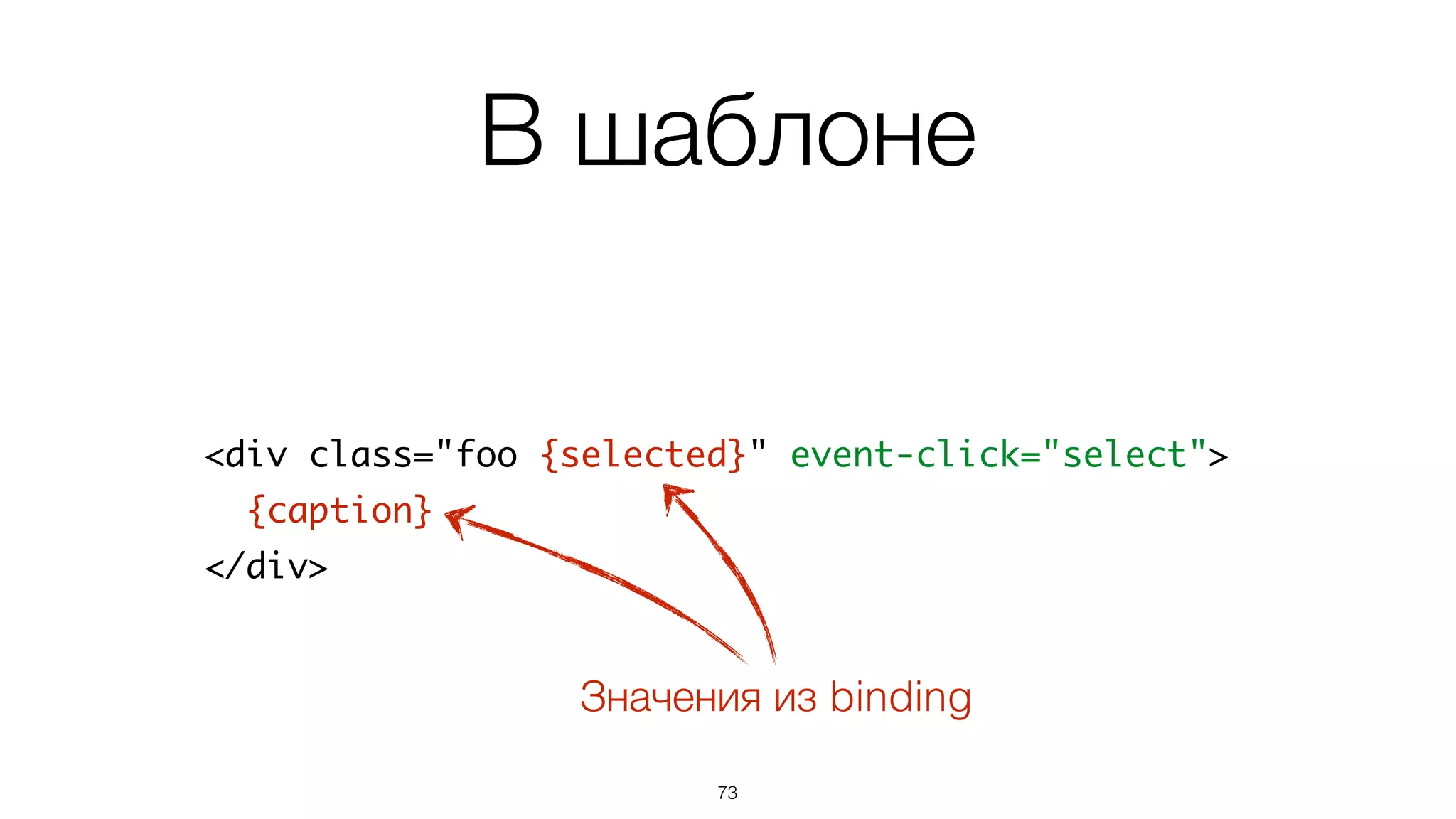 В шаблоне
74
<div class="foo {selected}" event-click="select">	
{caption}	
</div>
 