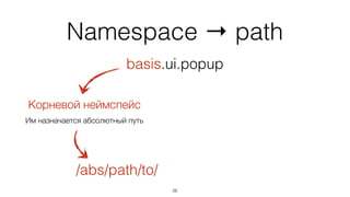 Namespace → path
27
basis.ui.popup
Корневой неймспейс
Им назначается абсолютный путь
 