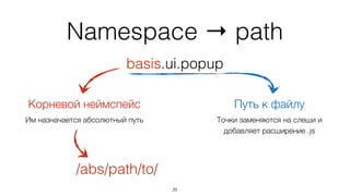 Namespace → path
27
basis.ui.popup
Корневой неймспейс Путь к файлу
Им назначается абсолютный путь
/abs/path/to/
 