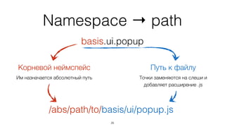 Namespace → path
27
basis.ui.popup
Корневой неймспейс Путь к файлу
Им назначается абсолютный путь Точки заменяются на слеши и  
добавляет расширение .js
/abs/path/to/
 
