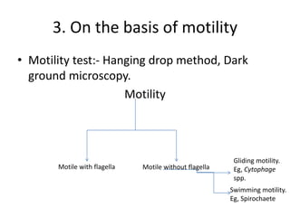 3. On the basis of motility
• Motility test:- Hanging drop method, Dark
ground microscopy.
Motility
Motile with flagella Motile without flagella
Gliding motility.
Eg, Cytophage
spp.
Swimming motility.
Eg, Spirochaete
 