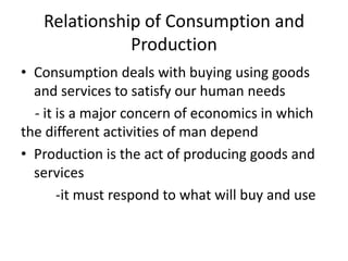 Relationship of Consumption and
Production
• Consumption deals with buying using goods
and services to satisfy our human needs
- it is a major concern of economics in which
the different activities of man depend
• Production is the act of producing goods and
services
-it must respond to what will buy and use
 