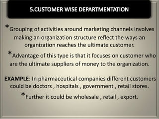 *Grouping of activities around marketing channels involves
   making an organization structure reflect the ways an
      organization reaches the ultimate customer.
 *Advantage of this type is that it focuses on customer who
  are the ultimate suppliers of money to the organization.

EXAMPLE: In pharmaceutical companies different customers
  could be doctors , hospitals , government , retail stores.
      *Further it could be wholesale , retail , export.
 