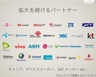 拡大を続けるパートナー
キャリア、デバイスメーカー、SoC メーカー etc...
MWC 2014 で発表したパートナー
 