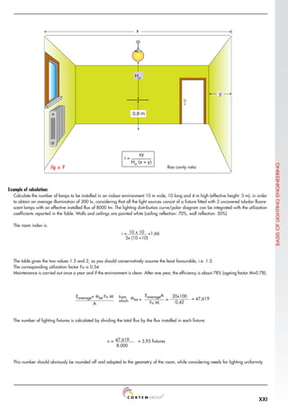 XXI
i = 10 x 10 =1,66
3x (10 +10)
x
y
Hu
i =
xy
Hu (x + y)
0,8 m
Fig. n. 9
Example of calculation:
Calculate the number of lamps to be installed in an indoor environment 10 m wide, 10 long and 4 m high (effective height: 3 m), in order
to obtain an average illumination of 200 Ix, considering that all the light sources consist of a fixture fitted with 2 uncovered tubular fluore-
scent lamps with an effective installed flux of 8000 Im. The lighting distribution curve/polar diagram can be integrated with the utilization
coefficients reported in the Table. Walls and ceilings are painted white (ceiling reflection: 70%, wall reflection: 50%).
The room index is:
The table gives the two values 1.5 and 2, so you should conservatively assume the least favourable, i.e. 1.5.
The corresponding utilization factor Fu is 0.54.
Maintenance is carried out once a year and if the environment is clean. After one year, the efficiency is about 78% (ageing factor M=0.78).
The number of lighting fixtures is calculated by dividing the total flux by the flux installed in each fixture:
This number should obviously be rounded off and adapted to the geometry of the room, while considering needs for lighting uniformity.
Roo cavity ratio
BASIS
OF
LIGHTING
ENGINEERING
Eaverage= Φtot Fu M
A
EaverageA
Fu M
20x100
0,42
from
which = 47,619
Φtot =
=
n = 47.619 = 5,95 fixtures
8.000
 