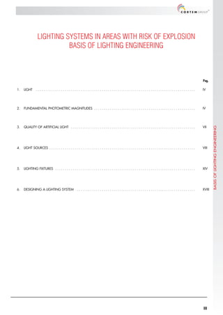III
III
Pag.
1. LIGHT . . . . . . . . . . . . . . . . . . . . . . . . . . . . . . . . . . . . . . . . . . . . . . . . . . . . . . . . . . . . . . . . . . . . . . . . . . . . . . . . . . IV
2. FUNDAMENTAL PHOTOMETRIC MAGNITUDES . . . . . . . . . . . . . . . . . . . . . . . . . . . . . . . . . . . . . . . . . . . . . . . . . . . . IV
3. QUALITY OF ARTIFICIAL LIGHT . . . . . . . . . . . . . . . . . . . . . . . . . . . . . . . . . . . . . . . . . . . . . . . . . . . . . . . . . . . . . . . . VII
4. LIGHT SOURCES . . . . . . . . . . . . . . . . . . . . . . . . . . . . . . . . . . . . . . . . . . . . . . . . . . . . . . . . . . . . . . . . . . . . . . . . . . . VIII
5. LIGHTING FIXTURES . . . . . . . . . . . . . . . . . . . . . . . . . . . . . . . . . . . . . . . . . . . . . . . . . . . . . . . . . . . . . . . . . . . . . . . . XIV
6. DESIGNING A LIGHTING SYSTEM . . . . . . . . . . . . . . . . . . . . . . . . . . . . . . . . . . . . . . . . . . . . . . . . . . . . . . . . . . . . . XVIII
LIGHTING SYSTEMS IN AREAS WITH RISK OF EXPLOSION
BASIS OF LIGHTING ENGINEERING
BASIS
OF
LIGHTING
ENGINEERING
 