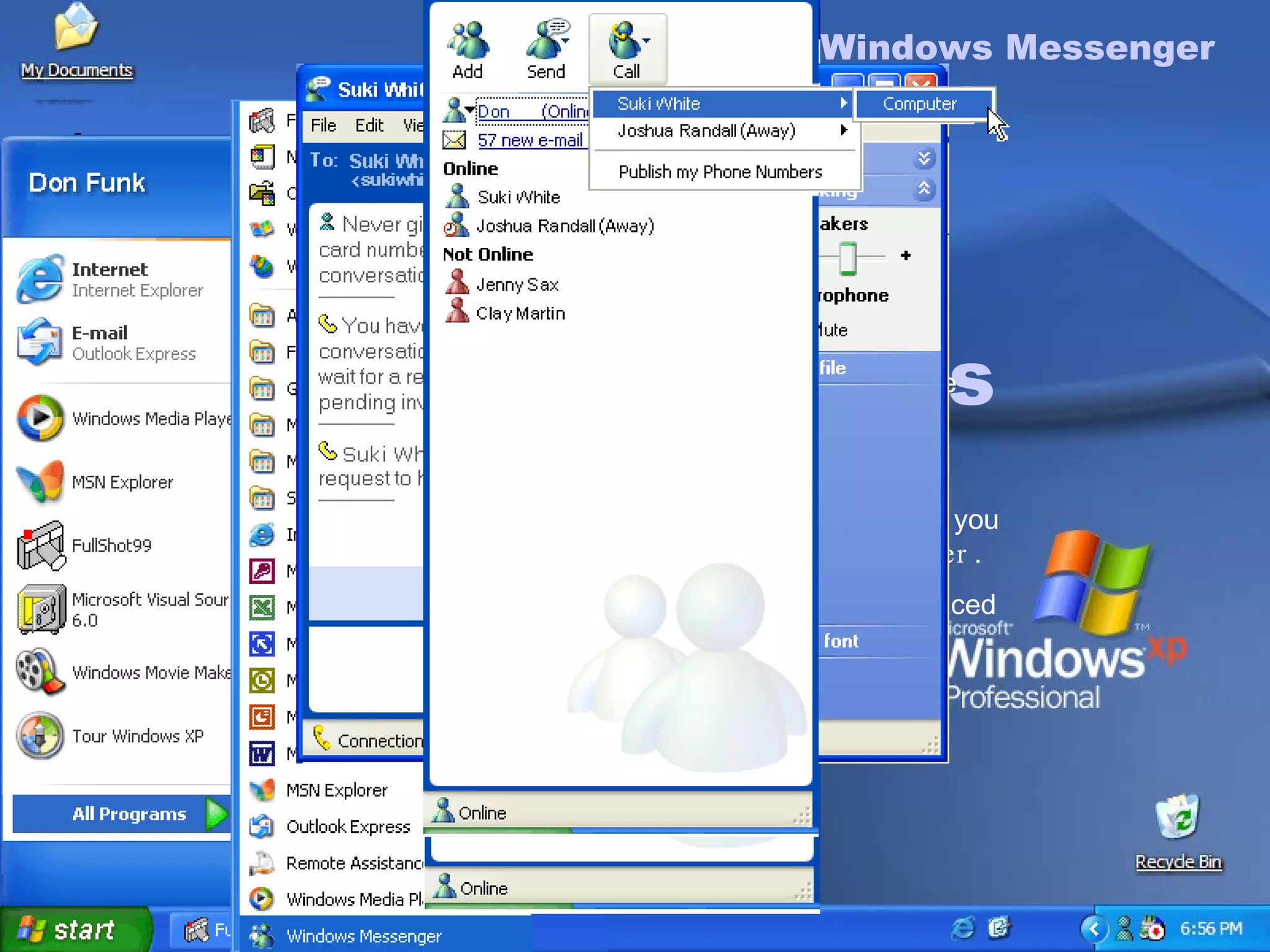 Using Windows Messenger Using Windows Messenger To place a call by using Windows Messenger   On the Start menu, point to All Programs, and click Windows Messenger.  The  Windows Messenger  dialog box opens. Click the link to sign in  . Click the  Call  icon  . Click to select the name of the IT staff member that you want from your  Contacts  list, and then click  Computer  . A message appears that confirms that you have placed a call correctly. After your call connects, you can  begin your conversation immediately  . 