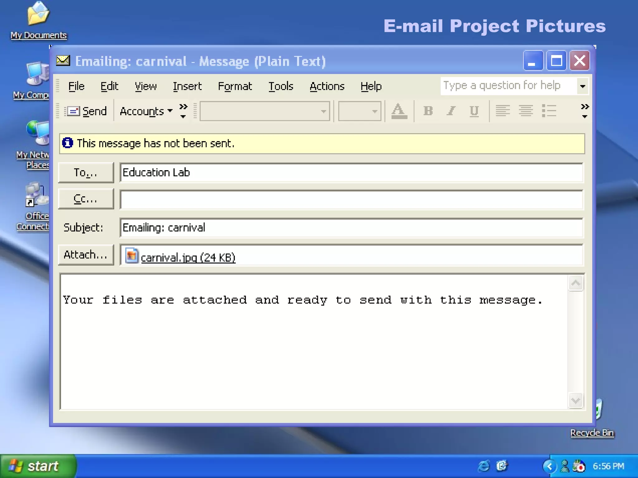 E-mail Project Pictures To E-mail Project Pictures In the  File and Folder  menu on the sidebar, select  e-mail this file Choose  make all my pictures smaller , click  OK. Picture automatically is attached to default email client. E-mail Project Pictures 