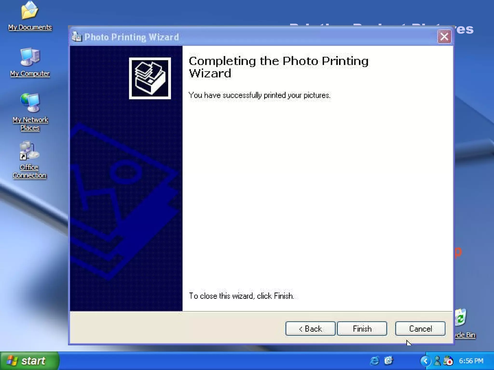 Printing Project Pictures To Print Project Pictures In the  Picture Tasks  menu on the sidebar, select  Print This Picture Click  Next  on Photo Printing Wizard. Select pictures you wish to print, click  Next. Choose the printer you wish to print to, click  Next. In  Layout Selection, select  the 4 x 6 in, 3-up option. Click  Next. Click  Finish. Printing Project Pictures 