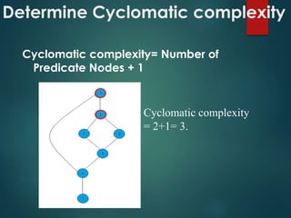 Determine Cyclomatic complexity
Cyclomatic complexity= Number of
Predicate Nodes + 1
Cyclomatic complexity
= 2+1= 3.
 