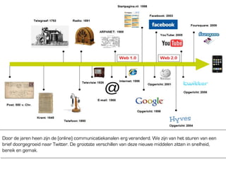Door de jaren heen zijn de (online) communicatiekanalen erg veranderd. We zijn van het sturen van een
brief doorgegroeid naar Twitter. De grootste verschillen van deze nieuwe middelen zitten in snelheid,
bereik en gemak.
 
