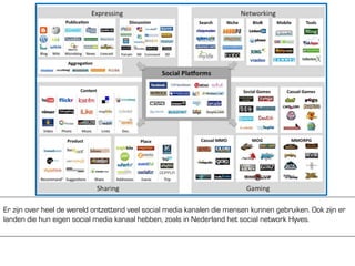 Er zijn over heel de wereld ontzettend veel social media kanalen die mensen kunnen gebruiken. Ook zijn er
landen die hun eigen social media kanaal hebben, zoals in Nederland het social network Hyves.
 