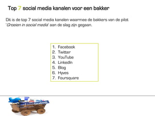 Top 7 social media kanalen voor een bakker
Dit is de top 7 social media kanalen waarmee de bakkers van de pilot
‘Groeien in social media’ aan de slag zijn gegaan.




                         1.   Facebook
                         2.   Twitter
                         3.   YouTube
                         4.   LinkedIn
                         5.   Blog
                         6.   Hyves
                         7.   Foursquare
 