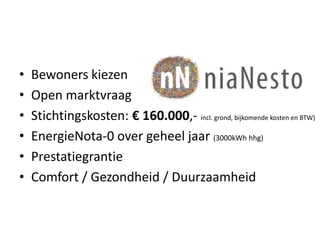 • Bewoners kiezen
• Open marktvraag
• Stichtingskosten: € 160.000,- incl. grond, bijkomende kosten en BTW)
• EnergieNota-0 over geheel jaar (3000kWh hhg)
• Prestatiegrantie
• Comfort / Gezondheid / Duurzaamheid
 