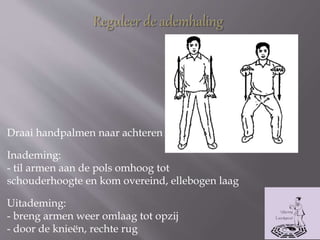 Draai handpalmen naar achteren
Inademing:
- til armen aan de pols omhoog tot
schouderhoogte en kom overeind, ellebogen laag
Uitademing:
- breng armen weer omlaag tot opzij
- door de knieën, rechte rug
 