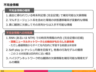 Copyright (C) DeNA Co.,Ltd. All Rights Reserved.
22
不完全情報の種類
不完全情報への対処案
1. 過去に得られている時系列記憶	(完全記憶)	で補完可能な⽋損情報	
2. マルチエージェント系を含めた環境の状態遷移確率が変動的な情報	
3. 真に観測に⽋損してその系列からは⼊⼿不可能な情報
不完全情報
1. RNN	(あるいは	NTM)	での時系列情報の内包	(完全記憶の圧縮)	
- 深層ニューラルネットワークとの融合がもたらした副効果	
- ただし価値関数からすべてを内包的に学習する前提は⾮効率	
2. Self-play	(ε-ナッシュ均衡を⽬指す),	他者の⾏為モデルの獲得		
- この	2	の対処案は⽬的的に近い概念	
3. ベイジアンネットワーク的な観測の⽋損情報を補完可能な環境モデ
ルの構築
 