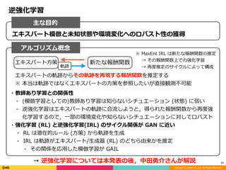 Copyright (C) DeNA Co.,Ltd. All Rights Reserved.
30
エキスパート模倣と未知状態や環境変化へのロバスト性の獲得
主な⽬的
アルゴリズム概念
逆強化学習
→ 逆強化学習については本発表の後，中⽥勇介さんが解説
エキスパート⽅策 新たな報酬関数
軌跡
エキスパートの軌跡からその軌跡を再現する報酬関数を推定する	
※	本当は軌跡ではなくエキスパートの⽅策を参照したいが直接観測不可能
※	MaxEnt	IRL	は新たな報酬関数の推定	
 	→	その報酬関数上での強化学習	
 	→	再度推定のサイクルによって構成
・教師あり学習との関係性	
- (模倣学習としての)教師あり学習は知らないシチュエーション	(状態)	に弱い	
- 逆強化学習はエキスパートの軌跡に合流しようと，得られた報酬関数から再度強
化学習するので，⼀部の環境変化や知らないシチュエーションに対してロバスト	
・強化学習	(RL)	と逆強化学習(IRL)	のサイクル関係が	GAN	に近い	
- RL	は潜在的ルール	(⽅策)	から軌跡を⽣成	
- IRL	は軌跡がエキスパート/⽣成器	(RL)	のどちら由来かを推定	
- その関係を応⽤した模倣学習が	GAIL
 