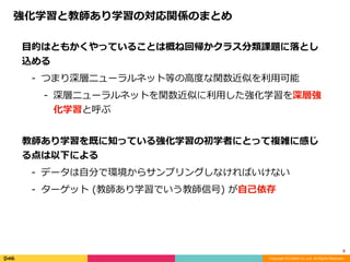 Copyright (C) DeNA Co.,Ltd. All Rights Reserved.
9
強化学習と教師あり学習の対応関係のまとめ
⽬的はともかくやっていることは概ね回帰かクラス分類課題に落とし
込める	
- つまり深層ニューラルネット等の⾼度な関数近似を利⽤可能	
- 深層ニューラルネットを関数近似に利⽤した強化学習を深層強
化学習と呼ぶ	
教師あり学習を既に知っている強化学習の初学者にとって複雑に感じ
る点は以下による	
- データは⾃分で環境からサンプリングしなければいけない	
- ターゲット	(教師あり学習でいう教師信号)	が⾃⼰依存	
 