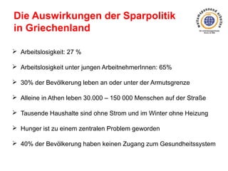 Die Auswirkungen der Sparpolitik
in Griechenland
 Arbeitslosigkeit: 27 %
 Arbeitslosigkeit unter jungen ArbeitnehmerInnen: 65%
 30% der Bevölkerung leben an oder unter der Armutsgrenze
 Alleine in Athen leben 30.000 – 150 000 Menschen auf der Straße
 Tausende Haushalte sind ohne Strom und im Winter ohne Heizung
 Hunger ist zu einem zentralen Problem geworden
 40% der Bevölkerung haben keinen Zugang zum Gesundheitssystem

 