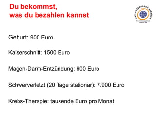Du bekommst,
was du bezahlen kannst
Geburt: 900 Euro
Kaiserschnitt: 1500 Euro
Magen-Darm-Entzündung: 600 Euro
Schwerverletzt (20 Tage stationär): 7.900 Euro
Krebs-Therapie: tausende Euro pro Monat

 