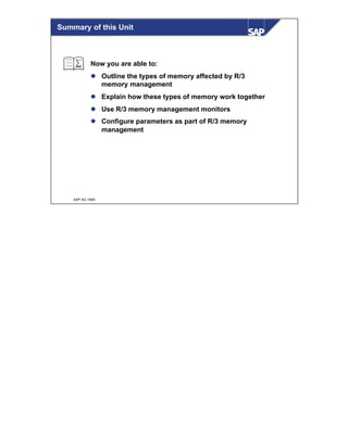© SAP AG 1999
Summary of this Unit
Now you are able to:
l Outline the types of memory affected by R/3
memory management
l Explain how these types of memory work together
l Use R/3 memory management monitors
l Configure parameters as part of R/3 memory
management
 