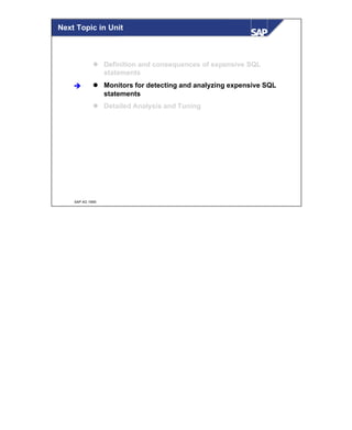 © SAP AG 1999
Next Topic in Unit
l Definition and consequences of expensive SQL
statements
l Monitors for detecting and analyzing expensive SQL
statements
l Detailed Analysis and Tuning
è
 