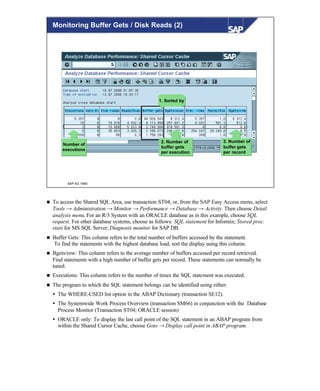 © SAP AG 1999
Monitoring Buffer Gets / Disk Reads (2)
1. Sorted by
Number of
executions
3. Number of
buffer gets
per record
2. Number of
buffer gets
per execution
n To access the Shared SQL Area, use transaction ST04, or, from the SAP Easy Access menu, select
Tools → Administration → Monitor → Performance → Database → Activity. Then choose Detail
analysis menu. For an R/3 System with an ORACLE database as in this example, choose SQL
request. For other database systems, choose as follows: SQL statement for Informix; Stored proc.
stats for MS SQL Server; Diagnosis monitor for SAP DB.
n Buffer Gets: This column refers to the total number of buffers accessed by the statement.
To find the statements with the highest database load, sort the display using this column.
n Bgets/row: This column refers to the average number of buffers accessed per record retrieved.
Find statements with a high number of buffer gets per record. These statements can normally be
tuned.
n Executions: This column refers to the number of times the SQL statement was executed.
n The program to which the SQL statement belongs can be identified using either:
Ÿ The WHERE-USED list option in the ABAP Dictionary (transaction SE12).
Ÿ The Systemwide Work Process Overview (transaction SM66) in conjunction with the Database
Process Monitor (Transaction ST04; ORACLE session)
Ÿ ORACLE only: To display the last call point of the SQL statement in an ABAP program from
within the Shared Cursor Cache, choose Goto → Display call point in ABAP program.
 