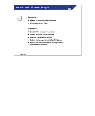 © SAP AG 1999
Contents:
l Review of multi-tier R/3 architecture
l Workload analysis theory
Objectives:
At the end of this unit you will be able to:
l Outline multi-tier R/3 architecture
l Interpret the Workload Monitor
l Outline the tuning potential of an R/3 System
l Explain the standard methods for approaching
a performance problem
Introduction to Workload Analysis
 