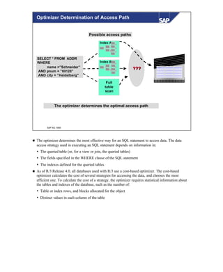 © SAP AG 1999
??????
The optimizer determines the optimal access pathThe optimizer determines the optimal access path
Database
table
SELECT * FROM ADDRSELECT * FROM ADDR
WHEREWHERE
name =”Schneider”name =”Schneider”
AND pnum = ”69126"AND pnum = ”69126"
AND city = ”Heidelberg"AND city = ”Heidelberg"
Possible access pathsPossible access paths
Index A
Full
table
scan
Index B
Optimizer Determination of Access Path
n The optimizer determines the most effective way for an SQL statement to access data. The data
access strategy used in executing an SQL statement depends on information in:
Ÿ The queried table (or, for a view or join, the queried tables)
Ÿ The fields specified in the WHERE clause of the SQL statement
Ÿ The indexes defined for the queried tables
n As of R/3 Release 4.0, all databases used with R/3 use a cost-based optimizer. The cost-based
optimizer calculates the cost of several strategies for accessing the data, and chooses the most
efficient one. To calculate the cost of a strategy, the optimizer requires statistical information about
the tables and indexes of the database, such as the number of:
Ÿ Table or index rows, and blocks allocated for the object
Ÿ Distinct values in each column of the table
 