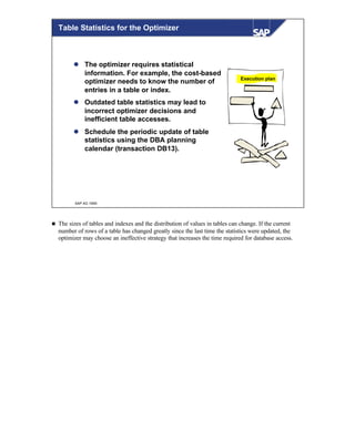 © SAP AG 1999
Execution plan
Table Statistics for the Optimizer
l The optimizer requires statistical
information. For example, the cost-based
optimizer needs to know the number of
entries in a table or index.
l Outdated table statistics may lead to
incorrect optimizer decisions and
inefficient table accesses.
l Schedule the periodic update of table
statistics using the DBA planning
calendar (transaction DB13).
n The sizes of tables and indexes and the distribution of values in tables can change. If the current
number of rows of a table has changed greatly since the last time the statistics were updated, the
optimizer may choose an ineffective strategy that increases the time required for database access.
 