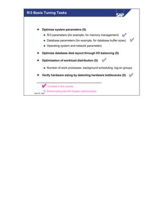 © SAP AG 1999
l Optimize system parameters (S)
n R/3 parameters (for example, for memory management)
n Database parameters (for example, for database buffer sizes)
n Operating system and network parameters
l Optimize database disk layout through I/O balancing (S)
l Optimization of workload distribution (S)
n Number of work processes, background scheduling, log-on groups
l Verify hardware sizing by detecting hardware bottlenecks (S)
____________________________________
: Covered in this course
S: Performed by the R/3 System administrator
R/3 Basis Tuning Tasks
 