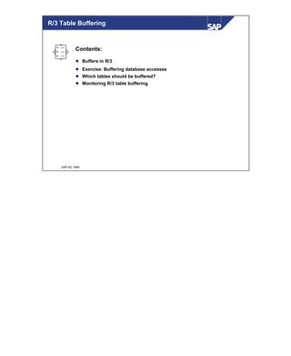 © SAP AG 1999
R/3 Table Buffering
Contents:
l Buffers in R/3
l Exercise: Buffering database accesses
l Which tables should be buffered?
l Monitoring R/3 table buffering
 