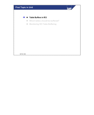© SAP AG 1999
First Topic in Unit
l Table Buffers in R/3
l Which tables should be buffered?
l Monitoring R/3 Table Buffering
è
 