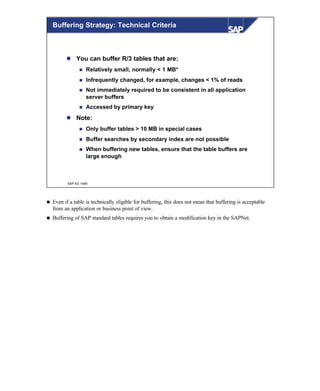 © SAP AG 1999
Buffering Strategy: Technical Criteria
l You can buffer R/3 tables that are:
n Relatively small, normally < 1 MB*
n Infrequently changed, for example, changes < 1% of reads
n Not immediately required to be consistent in all application
server buffers
n Accessed by primary key
l Note:
n Only buffer tables > 10 MB in special cases
n Buffer searches by secondary index are not possible
n When buffering new tables, ensure that the table buffers are
large enough
n Even if a table is technically eligible for buffering, this does not mean that buffering is acceptable
from an application or business point of view.
n Buffering of SAP standard tables requires you to obtain a modification key in the SAPNet.
 