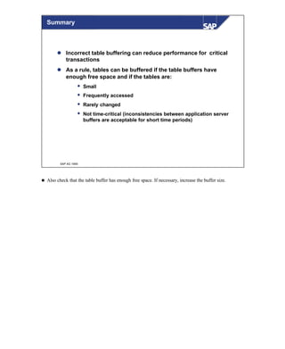 © SAP AG 1999
l Incorrect table buffering can reduce performance for critical
transactions
l As a rule, tables can be buffered if the table buffers have
enough free space and if the tables are:
w Small
w Frequently accessed
w Rarely changed
w Not time-critical (inconsistencies between application server
buffers are acceptable for short time periods)
Summary
n Also check that the table buffer has enough free space. If necessary, increase the buffer size.
 