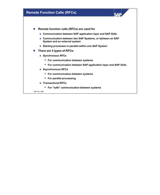 © SAP AG 1999
Remote Function Calls (RFCs)
l Remote function calls (RFCs) are used for
n Communication between SAP application layer and SAP GUIs
n Communication between two SAP Systems, or between an SAP
System and an external system
n Starting processes in parallel within one SAP System
l There are 3 types of RFCs:
n Synchronous RFCs
w For communication between systems
w For communication between SAP application layer and SAP GUIs
n Asynchronous RFCs
w For communication between systems
w For parallel processing
n Transactional RFCs
w For "safe" communication between systems
 