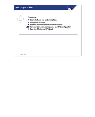 © SAP AG 1999
Contents
l User interfaces and system interfaces
l Monitoring RFC calls
l Controls technology and GUI communication
l Communication between systems and RFC configuration
l Exercise: Monitoring RFC Load
Next Topic in Unit
 