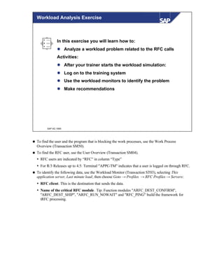 © SAP AG 1999
Workload Analysis Exercise
In this exercise you will learn how to:
l Analyze a workload problem related to the RFC calls
Activities:
l After your trainer starts the workload simulation:
l Log on to the training system
l Use the workload monitors to identify the problem
l Make recommendations
n To find the user and the program that is blocking the work processes, use the Work Process
Overview (Transaction SM50).
n To find the RFC user, use the User Overview (Transaction SM04).
Ÿ RFC users are indicated by “RFC” in column “Type”
Ÿ For R/3 Releases up to 4.5: Terminal "APPC-TM" indicates that a user is logged on through RFC.
n To identify the following data, use the Workload Monitor (Transaction ST03), selecting This
application server, Last minute load; then choose Goto → Profiles → RFC Profiles → Servers:
Ÿ RFC client. This is the destination that sends the data.
Ÿ Name of the critical RFC module. Tip: Function modules "ARFC_DEST_CONFIRM",
"ARFC_DEST_SHIP", "ARFC_RUN_NOWAIT" and "RFC_PING" build the framework for
tRFC processing.
 