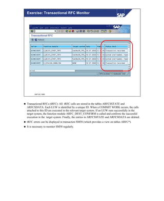 © SAP AG 1999
Exercise: Transactional RFC Monitor
n Transactional RFCs (tRFC): All tRFC calls are stored in the tables ARFCSSTATE and
ARFCSDATA. Each LUW is identified by a unique ID. When a COMMIT WORK occurs, the calls
attached to this ID are executed in the relevant target system. If an LUW runs successfully in the
target system, the function module ARFC_DEST_CONFIRM is called and confirms the successful
execution in the target system. Finally, the entries in ARFCSSTATE and ARFCSDATA are deleted.
n tRFC errors can be displayed in transaction SM58 (which provides a view on tables ARFC*).
n It is necessary to monitor SM58 regularly.
 