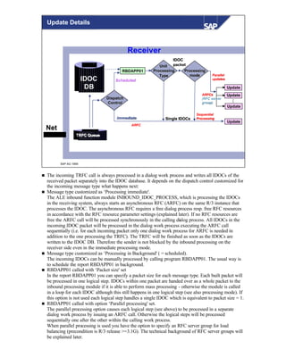 © SAP AG 1999
Receiver
IDOC
DB
ScheduledScheduled
UnitUnit
ProcessingProcessing
TypeType
ProcessingProcessing
modemode
DispatchDispatch
ControlControl
TRFC QueueTRFC Queue
ImmediateImmediate
UpdateUpdate
UpdateUpdate
UpdateUpdate
ParallelParallel
updatesupdates
RBDAPP01RBDAPP01
NetNet
Single IDOCsSingle IDOCs
SequentialSequential
ProcessingProcessing
IDOCIDOC
packetpacket
UpdateUpdate
ARFCsARFCs
(RFC server(RFC server
group)group) ......
ARFCARFC
Update Details
n The incoming TRFC call is always processed in a dialog work process and writes all IDOCs of the
received packet separately into the IDOC database. It depends on the dispatch control customized for
the incoming message type what happens next:
n Message type customized as ‘Processing immediate'.
The ALE inbound function module INBOUND_IDOC_PROCESS, which is processing the IDOCs
in the receiving system, always starts an asynchronous RFC (ARFC) on the same R/3 instance that
processes the IDOC. The asynchronous RFC requires a free dialog process resp. free RFC resources
in accordance with the RFC resource parameter settings (explained later). If no RFC resources are
free the ARFC call will be processed synchronously in the calling dialog process. All IDOCs in the
incoming IDOC packet will be processed in the dialog work process executing the ARFC call
sequentially (i.e. for each incoming packet only one dialog work process for ARFC is needed in
addition to the one processing the TRFC). The TRFC will be finished as soon as the IDOCs are
written to the IDOC DB. Therefore the sender is not blocked by the inbound processing on the
receiver side even in the immediate processing mode.
n Message type customized as ‘Processing in Background' ( = scheduled).
The incoming IDOCs can be manually processed by calling program RBDAPP01. The usual way is
to schedule the report RBDAPP01 in background.
n RBDAPP01 called with ‘Packet size' set
In the report RBDAPP01 you can specify a packet size for each message type. Each built packet will
be processed in one logical step. IDOCs within one packet are handed over as a whole packet to the
inbound processing module if it is able to perform mass processing - otherwise the module is called
in a loop for each IDOC although this still happens in one logical step (see also processing mode). If
this option is not used each logical step handles a single IDOC which is equivalent to packet size = 1.
n RBDAPP01 called with option ‘Parallel processing' set.
The parallel processing option causes each logical step (see above) to be processed in a separate
dialog work process by issuing an ARFC call. Otherwise the logical steps will be processed
sequentially one after the other within the calling work process.
When parallel processing is used you have the option to specify an RFC server group for load
balancing (precondition is R/3 release >=3.1G). The technical background of RFC server groups will
be explained later.
 