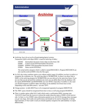 © SAP AG 1999
ArchivingArchivingSender
Application
IDOC
DB
ArchiverArchiver
TapeTape
WorkflowWorkflow
itemsitems
Receiver
IDOC
DB
Application
WorkflowWorkflow
itemsitems
Administration
n Archiving has to be set up for all participating logical systems.
Transaction SARA with object IDOC is used for archiving of tables :
EDI30C Intermediate document cluster (data records) from 3.0C
EDIDC Control record (EDI Intermediate Document)
EDIDOC EDIDOC EDI intermediate document cluster
EDIDS Status record (EDI IDoc)
The actual archive program which is called is named RSEXARCA. Program RSEXARCR can
also read the archived IDOCs from the files again.
n As ALE also writes workitem entries even without explicit usage of workflow you have to archive or
reorganize the workitems, too. The archiving object is WORKITEM. As there is no direct link to
IDOCs in the archiving program for WORKITEMs you can only go by the same time frame. If you
are sure that you do not need the workitems any more you can delete them from the database with
the reports RSWWWIDE and RSWWHIDE (see note 49545). Especially if workflow is also used
you should reorganize workflow tables and indices on the database level from time to time
(depending on the used DB system!) - see note 72873.
n Change pointers in table BDCP have to be reorganized separately by program RBDCPCLR.
n The TRFC queue should be reorganized from time to time as well using program RSARFC01.
n There is another option called ALE Audit which sends a confirmation IDOC (message type
'ALEAUD‘) back from the receiver to inform the sender about the status of IDOCs at the receiver
side. As there is a lot of IDOC status information packed in one ALEAUD message these messages
can get very large. ALE audit costs performance and should not be used too frequently or during
high load times. If ALE audit is used you should regularly reorganize the audit database via report
RBDAUD02.
 