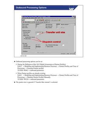 © SAP AG 1999
Transfer unit sizeTransfer unit size
Dispatch controlDispatch control
Outbound Processing Options
n Outbound processing options can be set
Ÿ During the Definition of the ALE Model (Generation of Partner Profiles)
SALE → Modelling and Implementing Business Processes → Partner Profiles and Time of
Processing → Generate Partner profiles
TCODE=BD82→ outbound parameters
Ÿ When Partner profiles are already existing
SALE → Modelling and Implementing Business Processes → Partner Profiles and Time of
Processing → Maintain Partner Profiles Manually
TCODE=WE20→ outbound parameters
n The packet size is ignored if ‘Transfer Idoc immed.' is selected.
 