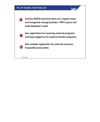 © SAP AG 1999
Archive IDOCS and work items on a regular basis
and reorganize change pointers, TRFC queue and
audit database if used
Use registration for receiving external programs
and keep logged on for external sender programs
Use multiple registration for external receivers
if possible (and useful)
5
6
7
The 10 Golden ALE Rules (2)
 
