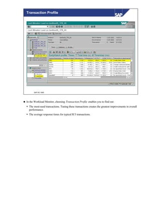 © SAP AG 1999
Transaction Profile
n In the Workload Monitor, choosing Transaction Profile enables you to find out:
Ÿ The most-used transactions. Tuning these transactions creates the greatest improvements in overall
performance.
Ÿ The average response times for typical R/3 transactions.
 