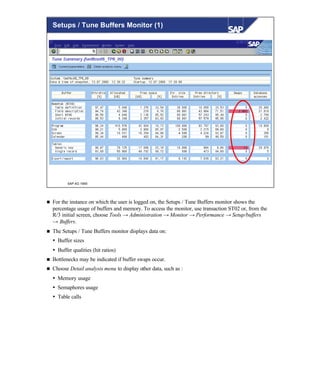 © SAP AG 1999
Setups / Tune Buffers Monitor (1)
n For the instance on which the user is logged on, the Setups / Tune Buffers monitor shows the
percentage usage of buffers and memory. To access the monitor, use transaction ST02 or, from the
R/3 initial screen, choose Tools → Administration → Monitor → Performance → Setup/buffers
→ Buffers.
n The Setups / Tune Buffers monitor displays data on:
Ÿ Buffer sizes
Ÿ Buffer qualities (hit ratios)
n Bottlenecks may be indicated if buffer swaps occur.
n Choose Detail analysis menu to display other data, such as :
Ÿ Memory usage
Ÿ Semaphores usage
Ÿ Table calls
 